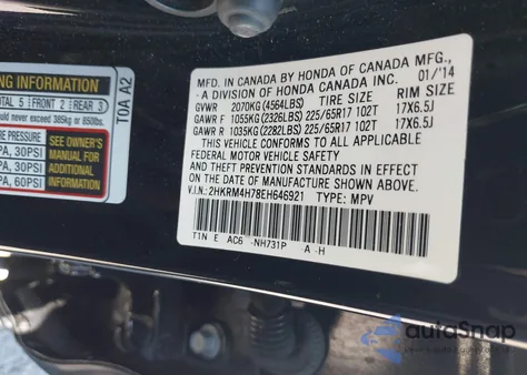 2014 Honda Cr-V Ex-L from USA, damaged, VIN 2HKRM4H78EH646921